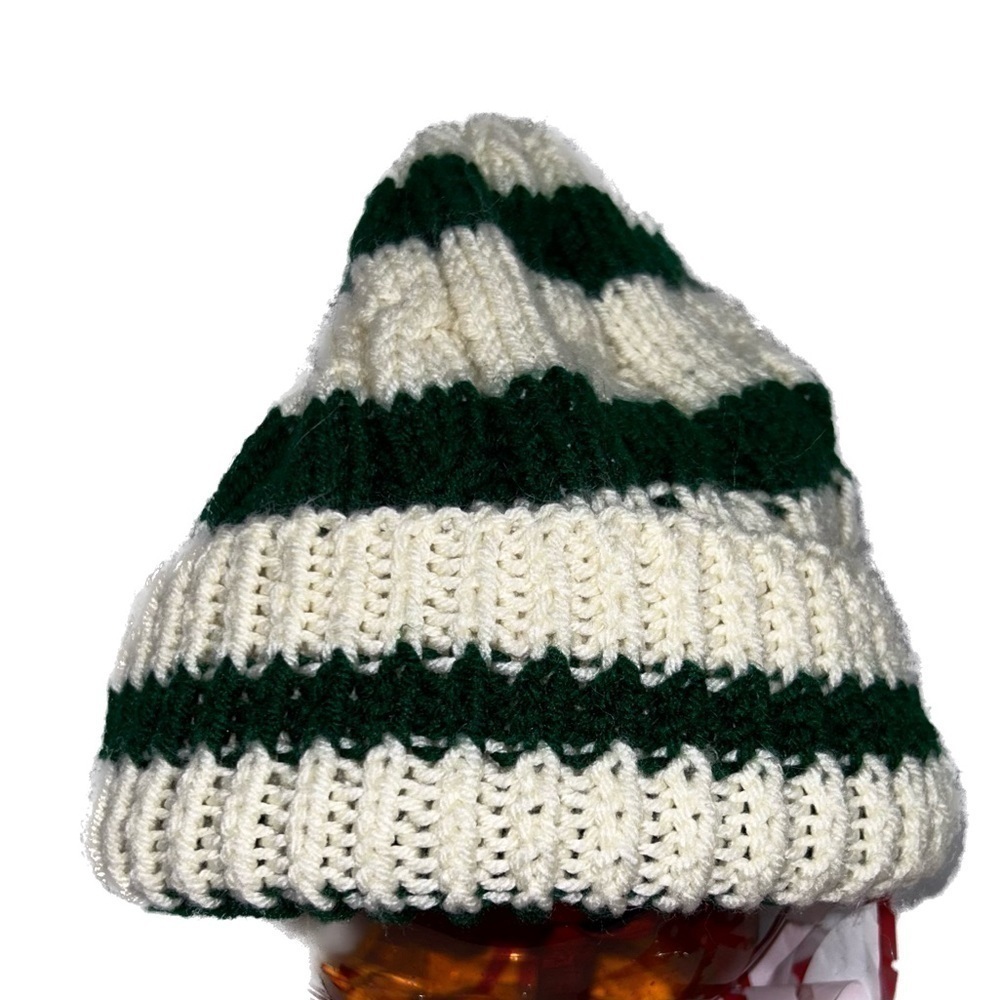Handmade Hat Crochet Beanie Stripes Fold Over Tight Knit Winter PullOn Skull Cap